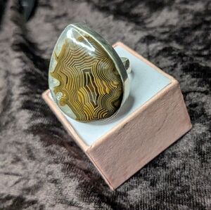 Handcrafted Banded Solar Agate Geode  with Druzy Oversized Teardrop Ring (8.25)